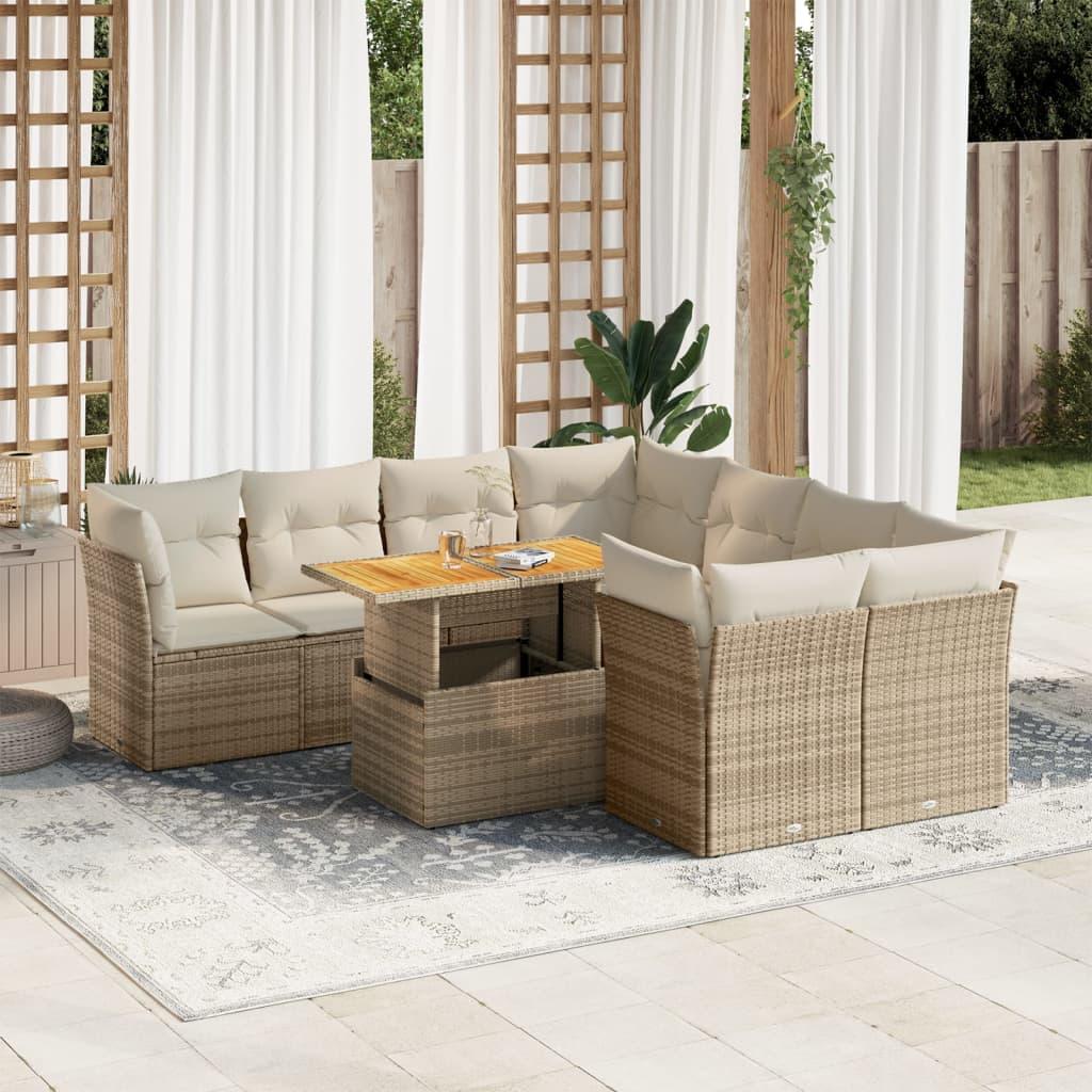 Sofasæt til haven i polyrattan, 9 dele med hynder - beige
