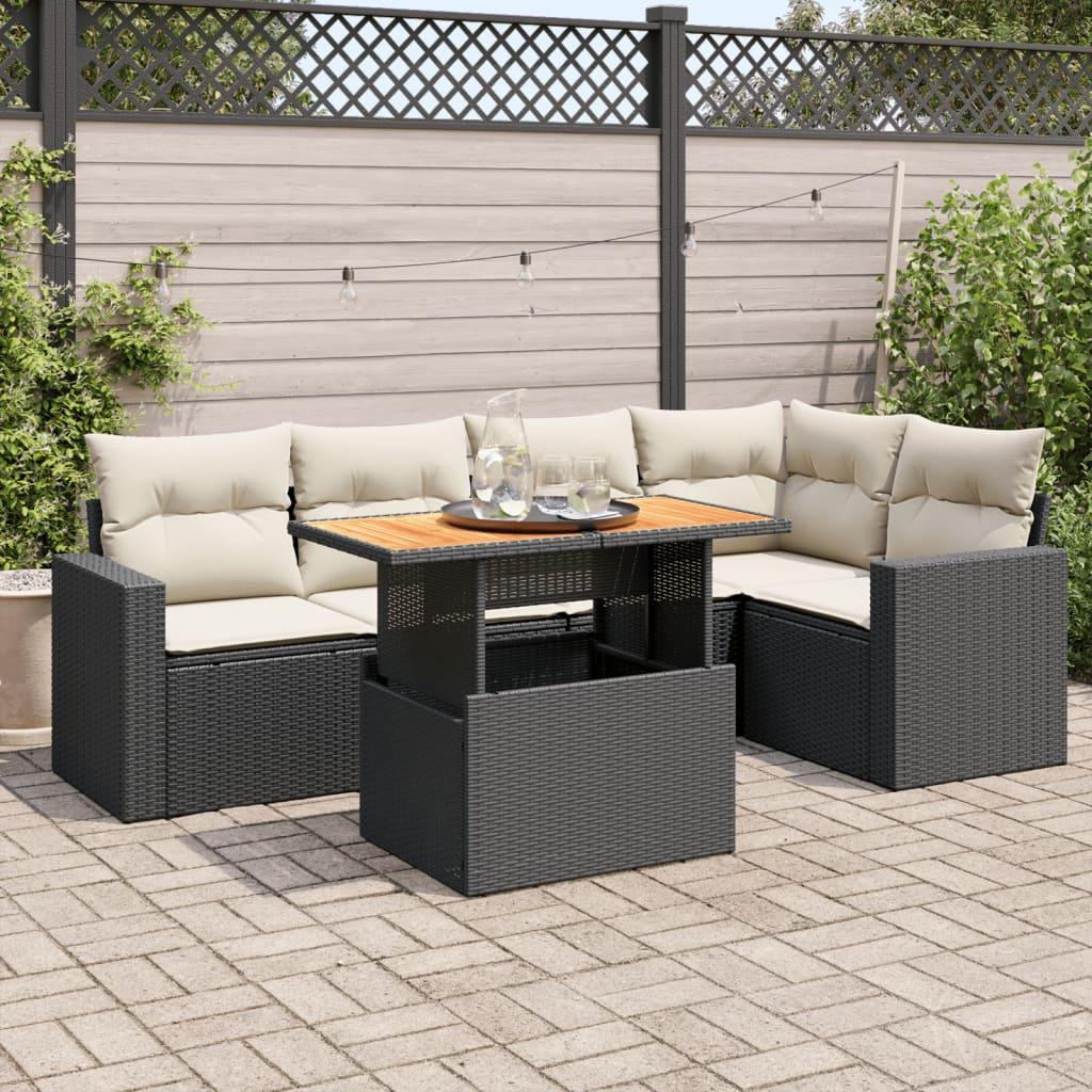 Sofasæt Til Haven 6 Dele Med Hynder Polyrattan - Sort og cremefarvet / bord 3x hjørnedel 2x midterdel