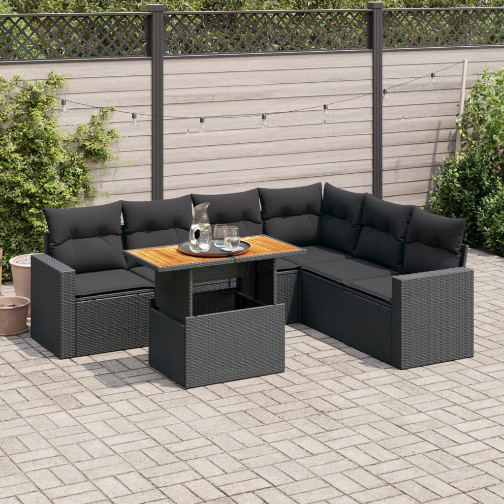 Sofasæt Til Haven 7 Dele Med Hynder Polyrattan - Sort / 3x hjørnedel bord 3x midterdel