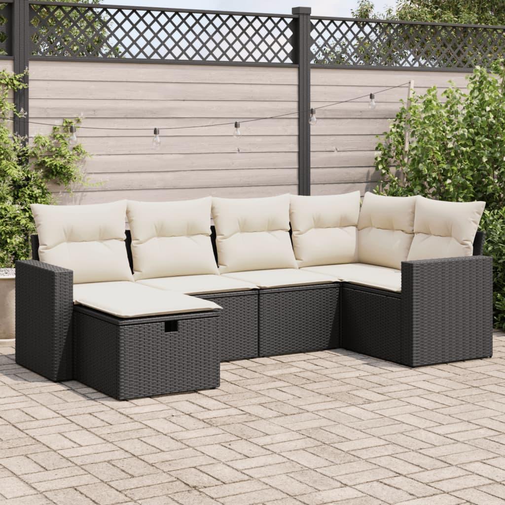 Sofasæt Til Haven 6 Dele Med Hynder Polyrattan - Sort og cremefarvet / med opbevaring