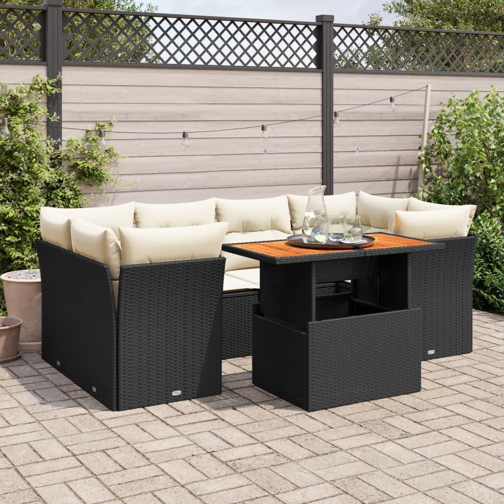 Havesofasæt i polyrattan - 7 dele med hynder og hæve-/sænkebord, sort