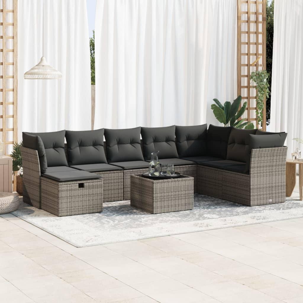 vidaXL sofasæt til haven 9 dele med hynder polyrattan grå