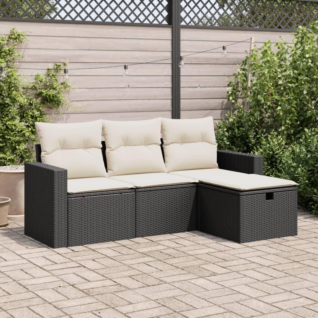 Sofasæt Til Haven 4 Dele Med Hynder Polyrattan - Sort og cremefarvet / med opbevaring og pose