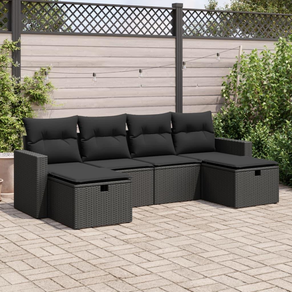 Sofasæt Til Haven 6 Dele Med Hynder Polyrattan Sort - Sort / med opbevaring og pose