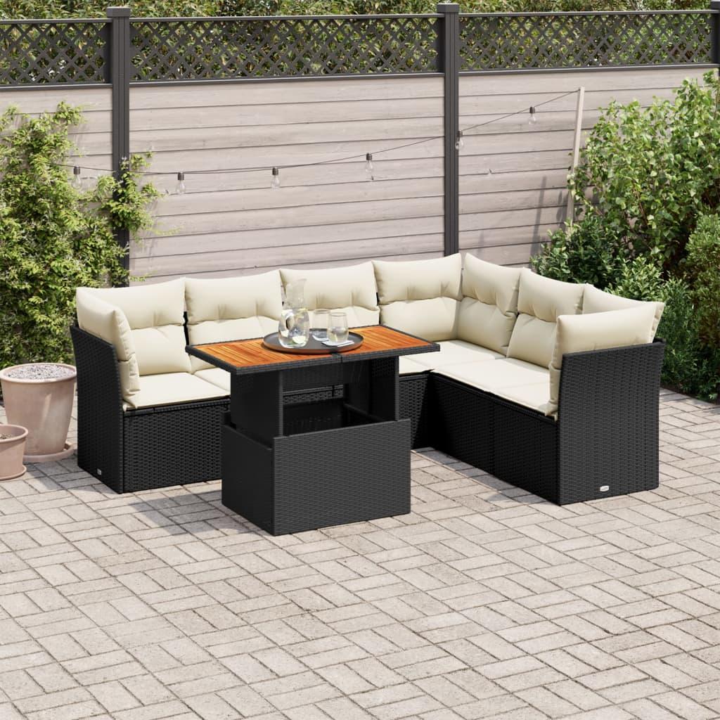Sofasæt Til Haven 7 Dele Med Hynder Polyrattan - Sort og cremefarvet / 3x hjørnedel bord 3x midterdel