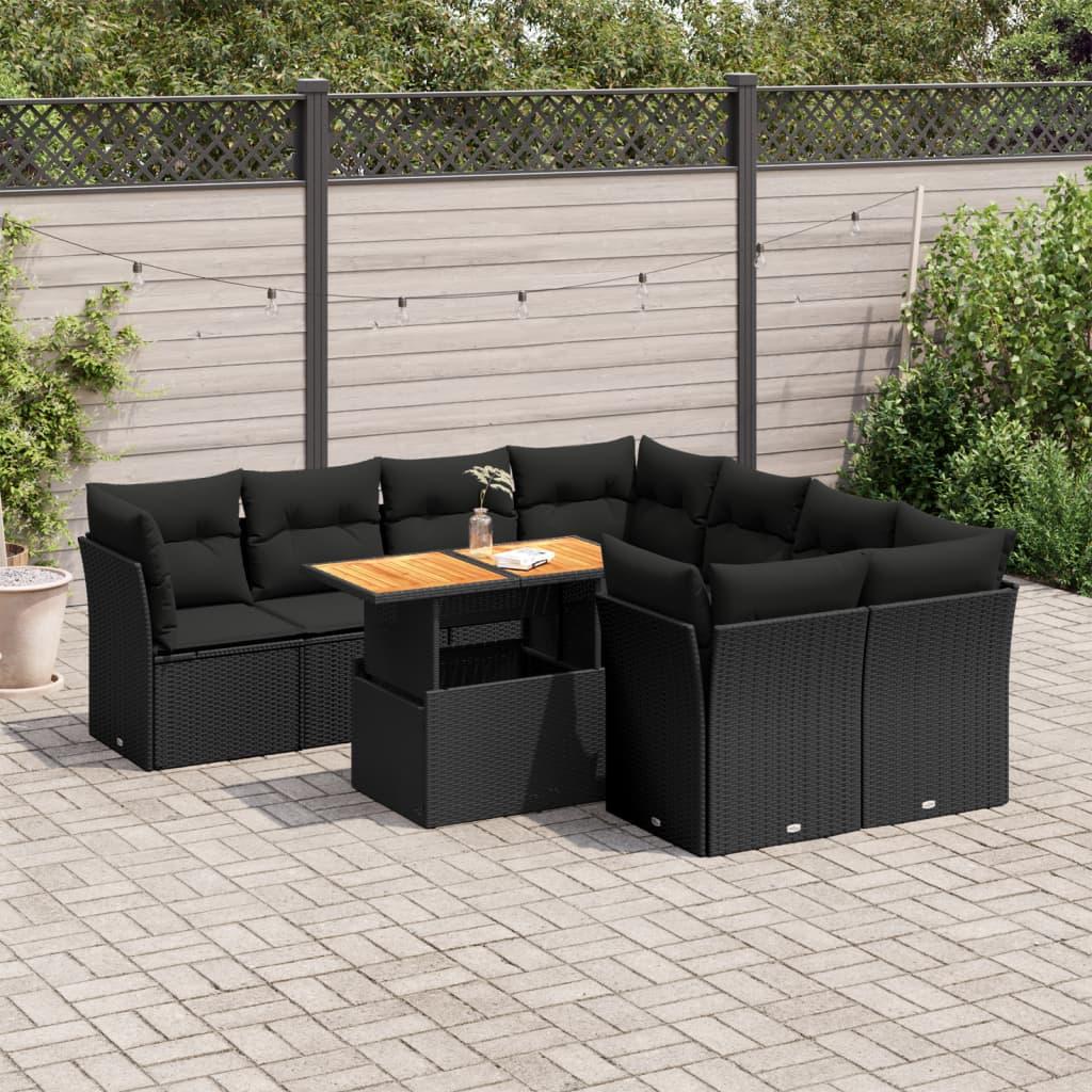 Sofasæt Til Haven 9 Dele Med Hynder Polyrattan - Sort / 4x hjørnedel 4x midterdel bord