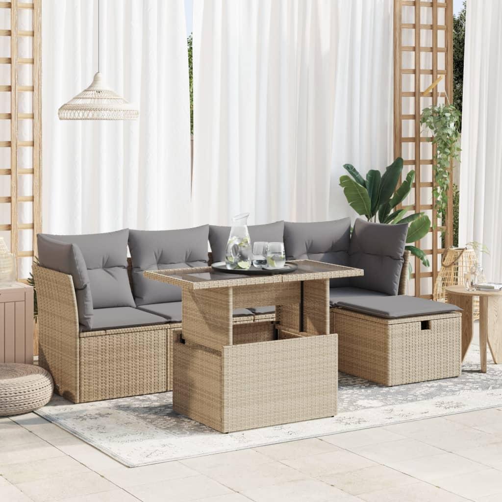 Sofasæt Til Haven 6 Dele Med Hynder Polyrattan - beige og grå / med opbevaring