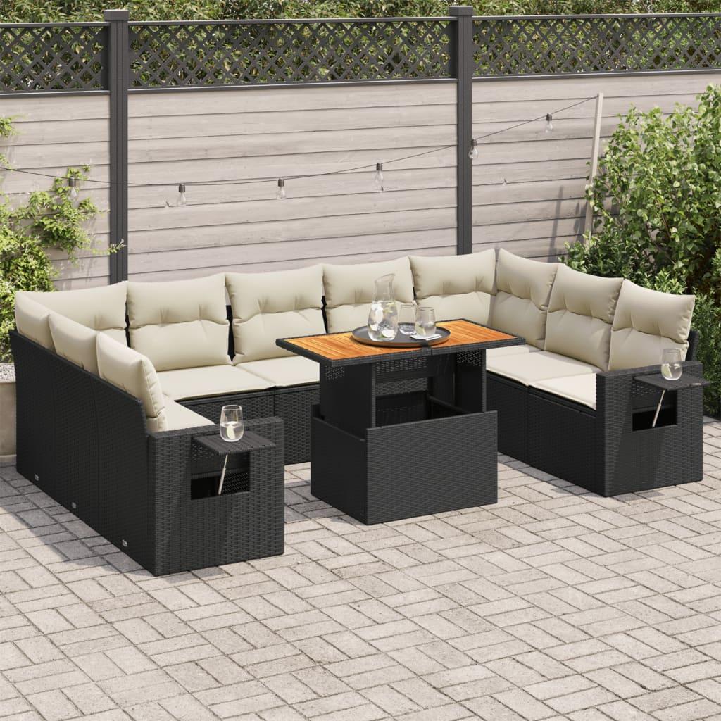 Sofasæt Til Haven 10 Dele Med Hynder Polyrattan - Sort og cremefarvet / 4x hjørnedel bord 5x midterdel