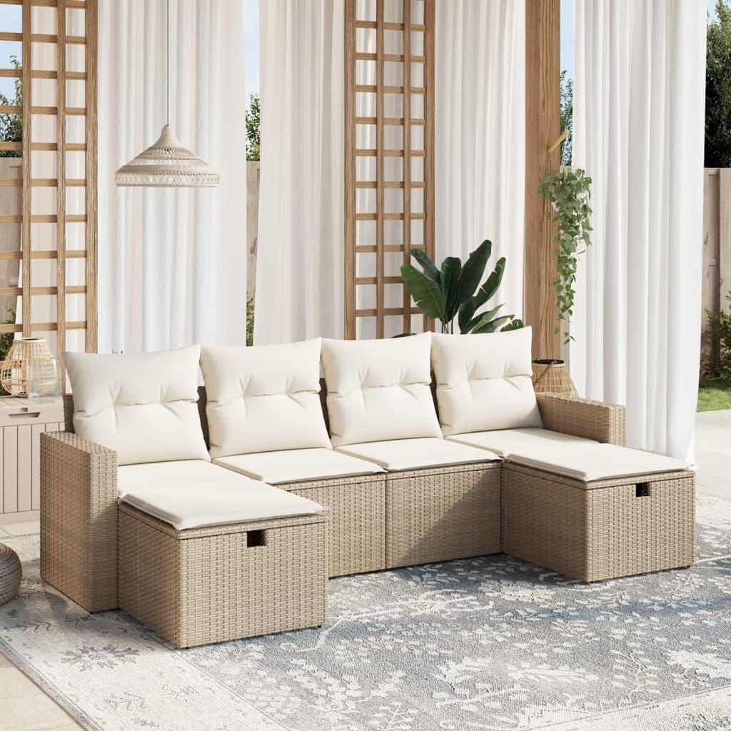 Sofasæt til haven 6 dele med hynder i polyrattan - beige