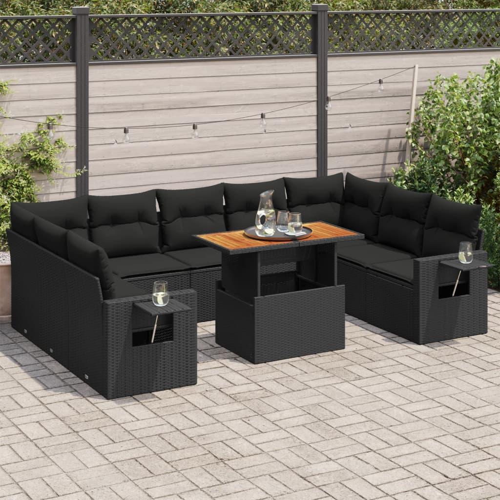 Sofasæt Til Haven 10 Dele Med Hynder Polyrattan - Sort / 4x hjørnedel bord 5x midterdel