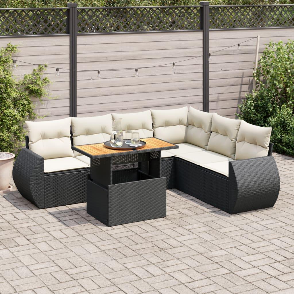 Sofasæt til haven i polyrattan - 7 dele med hynder, sort