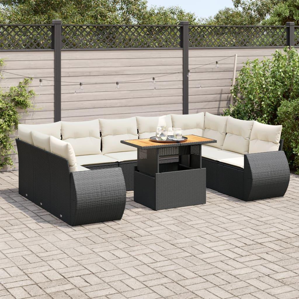 Sofasæt Til Haven 10 Dele Med Hynder Polyrattan - Sort og cremefarvet / bord 4x hjørnedel 5x midterdel
