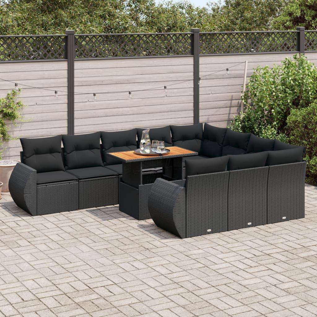 Sofasæt Til Haven 11 Dele Med Hynder Polyrattan - Sort / bord 6x midterdel 4x hjørnedel