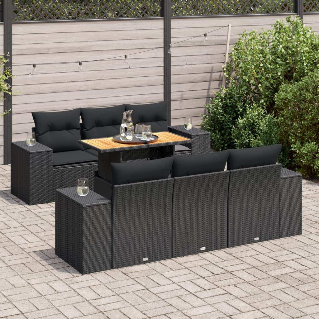 Havesofasæt i polyrattan - 7 dele med hynder og løftbart bord, sort