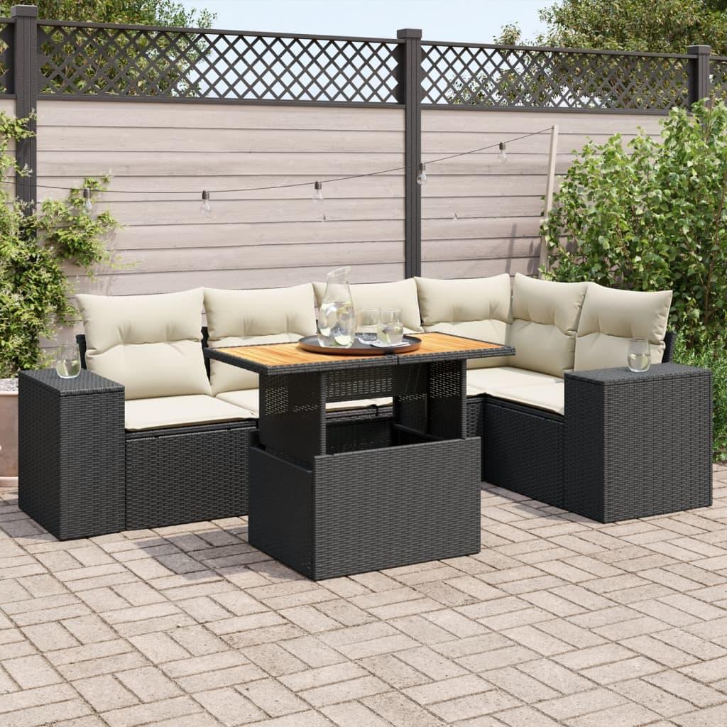 Sofasæt Til Haven 6 Dele Med Hynder Polyrattan - Sort og cremefarvet / 3x hjørnedel bord 2x midterdel