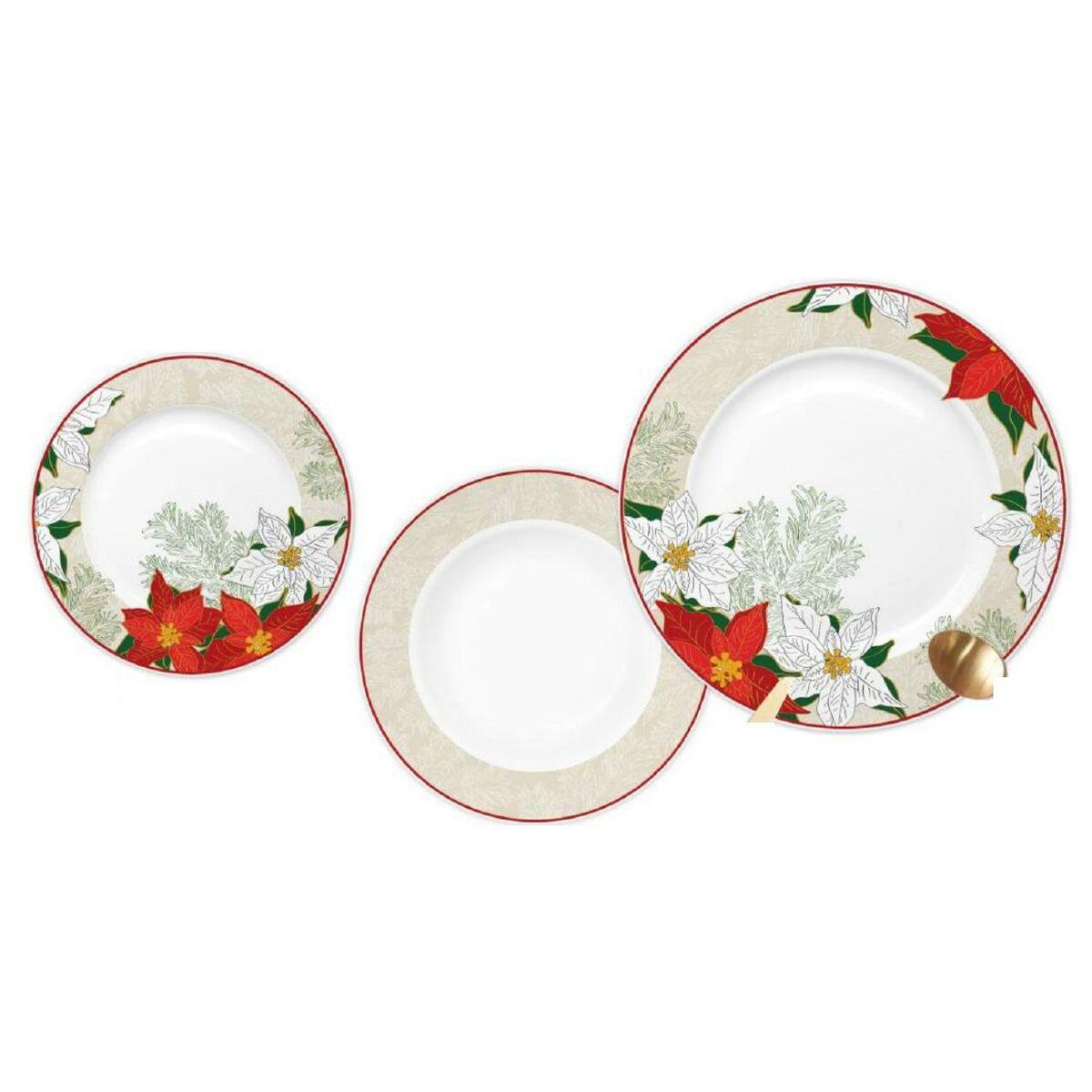Spisestel Rød Beige Porcelæn Blomst Jul 18 Dele 27 x 27 x 2 cm