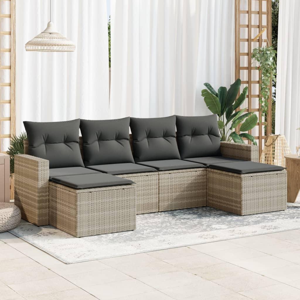 Sofasæt Til Haven 6 Dele Med Hynder Polyrattan - Lysegrå / Med opbevaring og pose