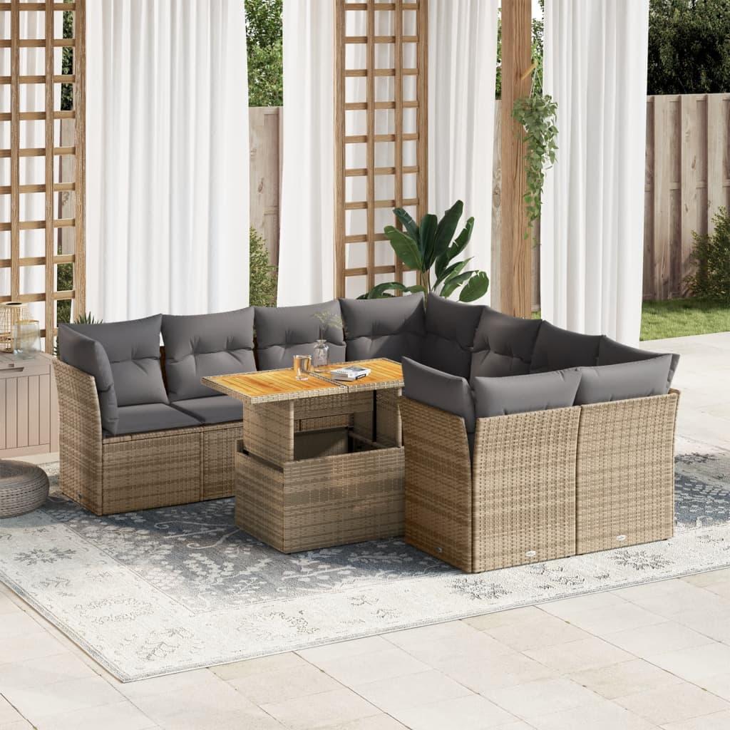 Sofasæt Til Haven 9 Dele Med Hynder Polyrattan - beige og lysegrå / 4x hjørnedel 4x midterdel bord