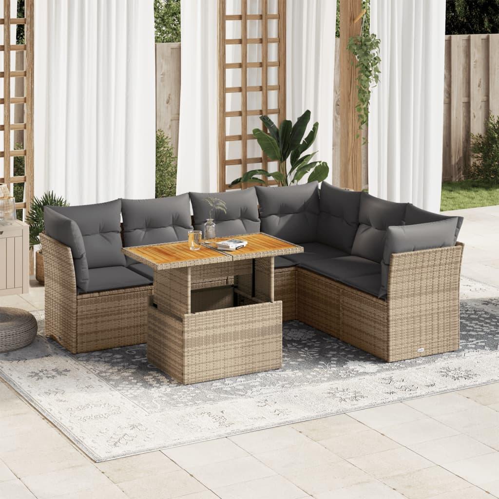 Sofasæt Til Haven 7 Dele Med Hynder Polyrattan - beige og lysegrå / 3x hjørnedel bord 3x midterdel
