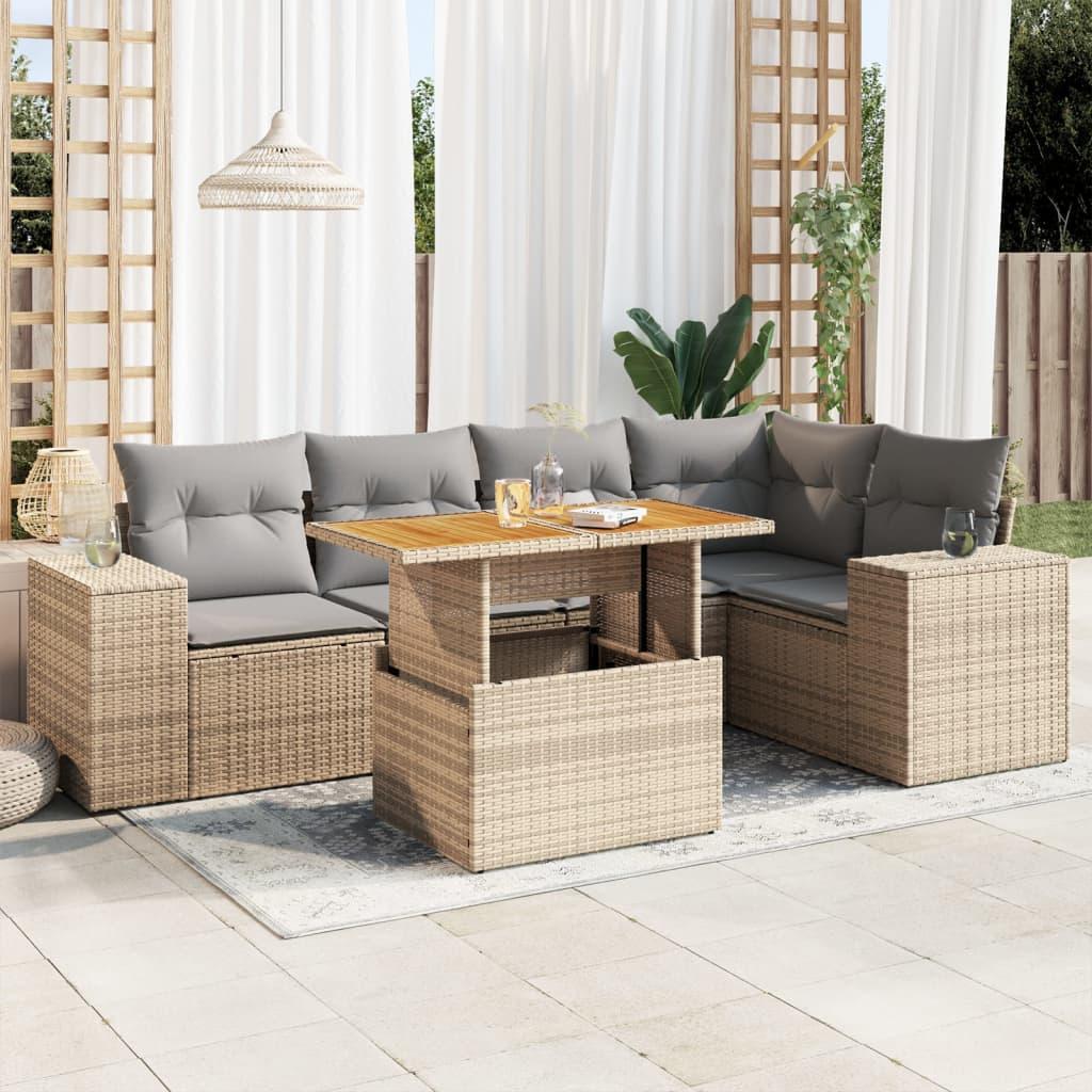 Sofasæt Til Haven 6 Dele Med Hynder Polyrattan Sort - beige og lysegrå / 3x hjørnedel bord 2x midterdel