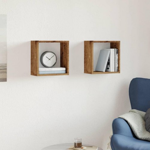 Kubeformede væghylder 2 stk. - 30×15×30 cm i antikt trælook