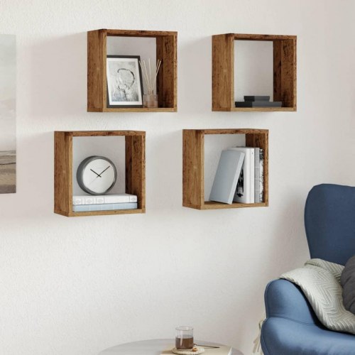 Væghylder 4 stk. kubeformede 30×15×30 cm - antikt trælook