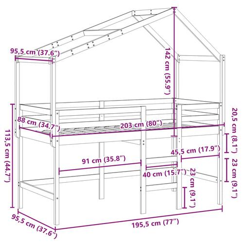 Højseng med stige og tag 90x190 cm massivt fyrretræ