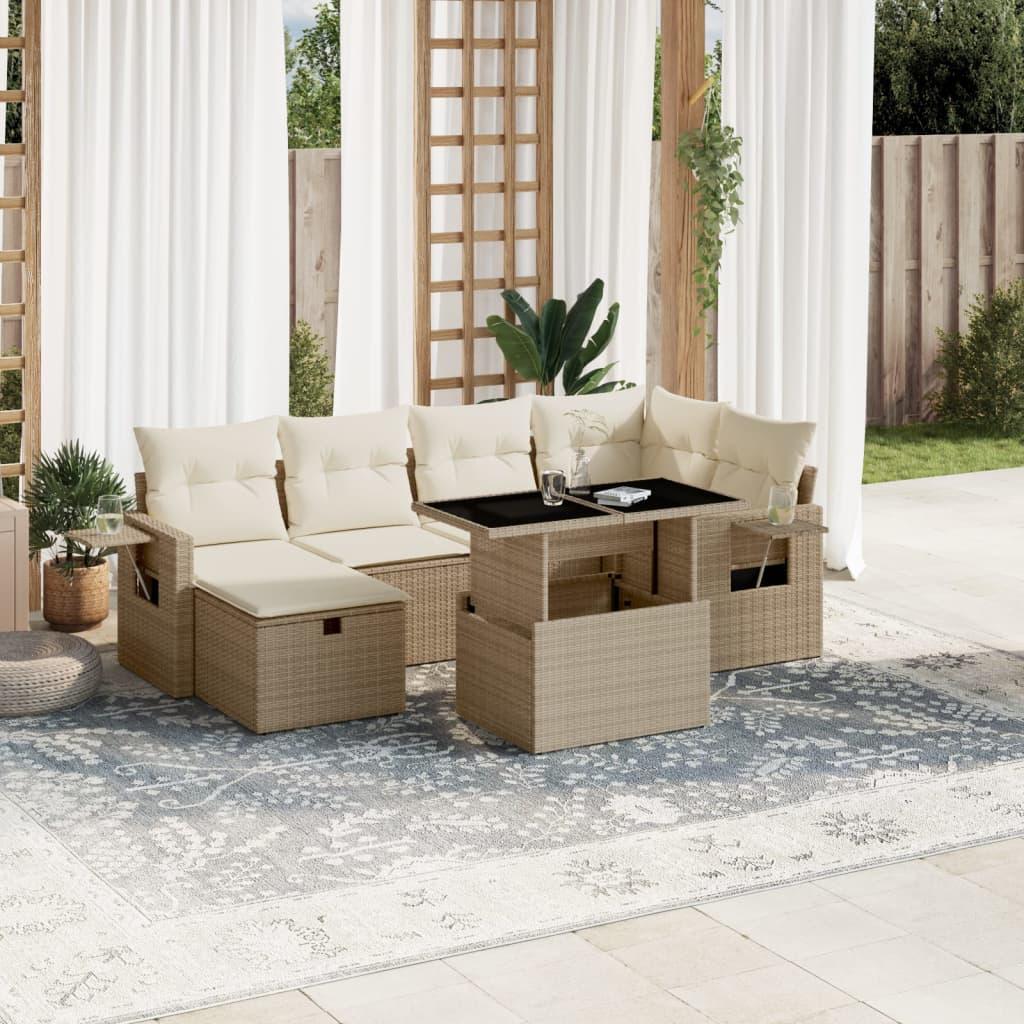 Sofasæt til haven 7 dele i polyrattan med hynder og løftebord - beige