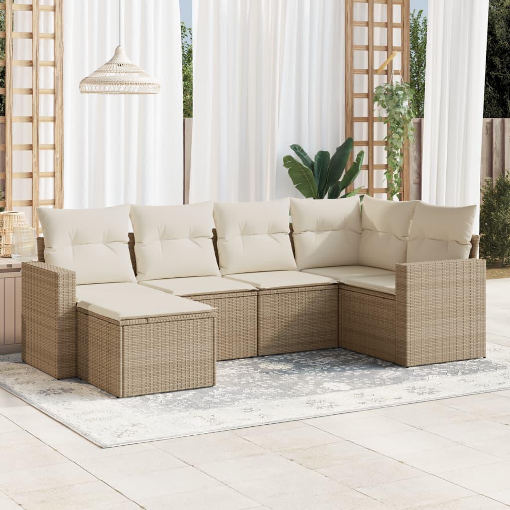 Sofasæt til haven 6 dele med hynder i polyrattan beige