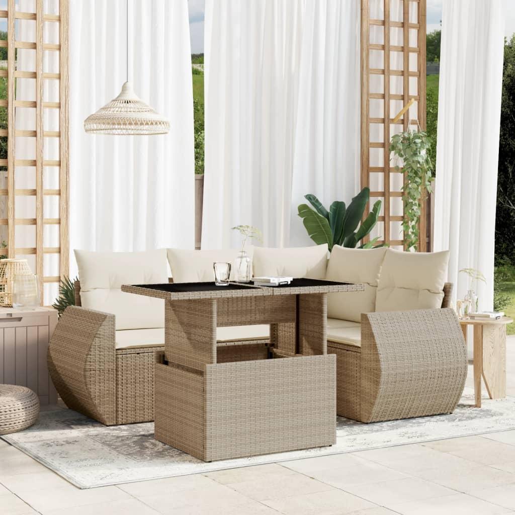 Sofasæt til haven 5 dele med hynder og løftebord i polyrattan beige