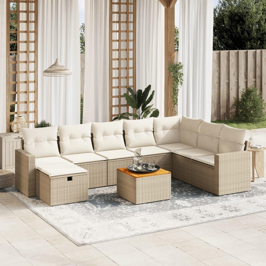 Spisebordssæt Til Haven 9 Dele Med Hynder Polyrattan Beige - beige og cremefarvet / uden opbevaring
