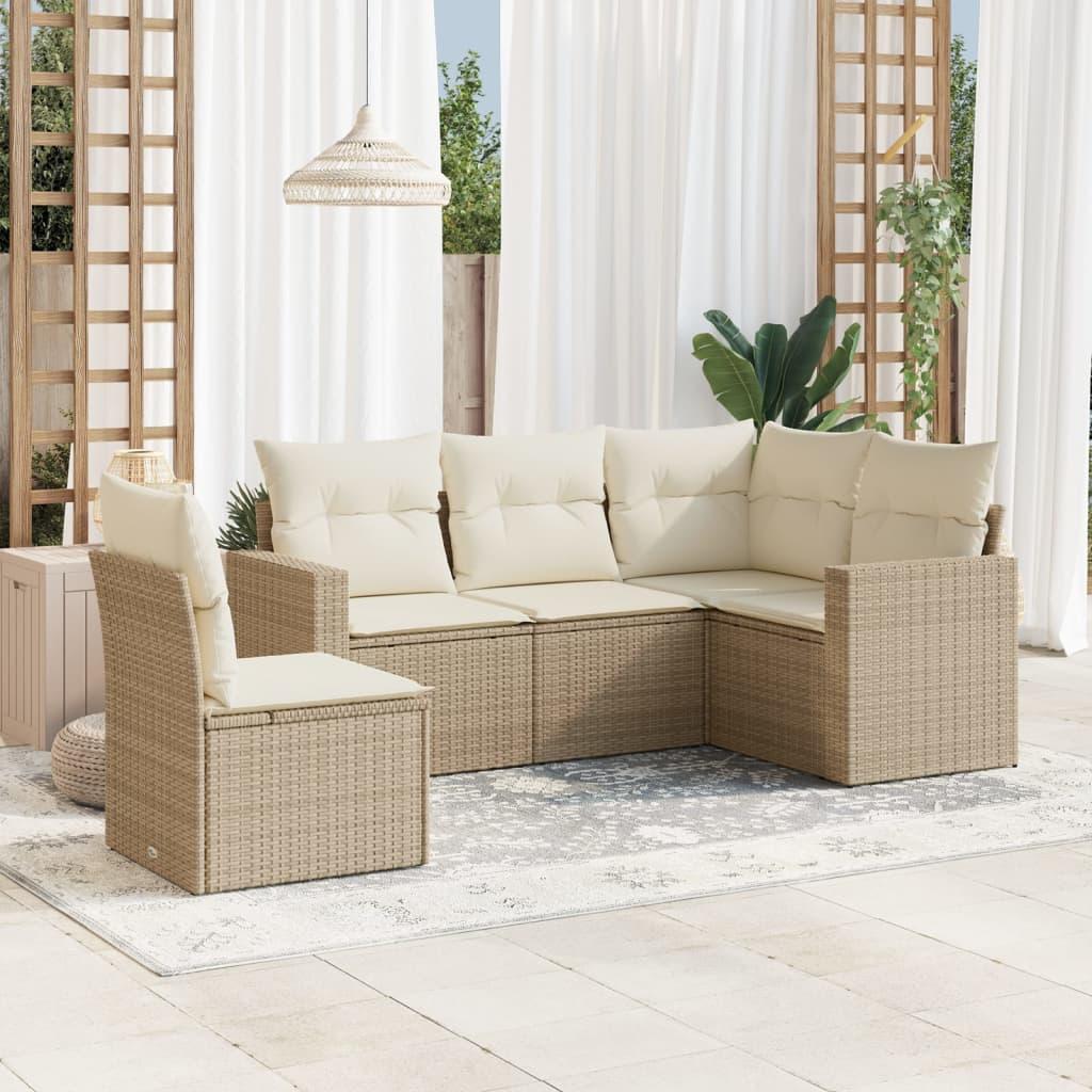 Sofasæt til haven 5 dele med hynder i polyrattan - beige