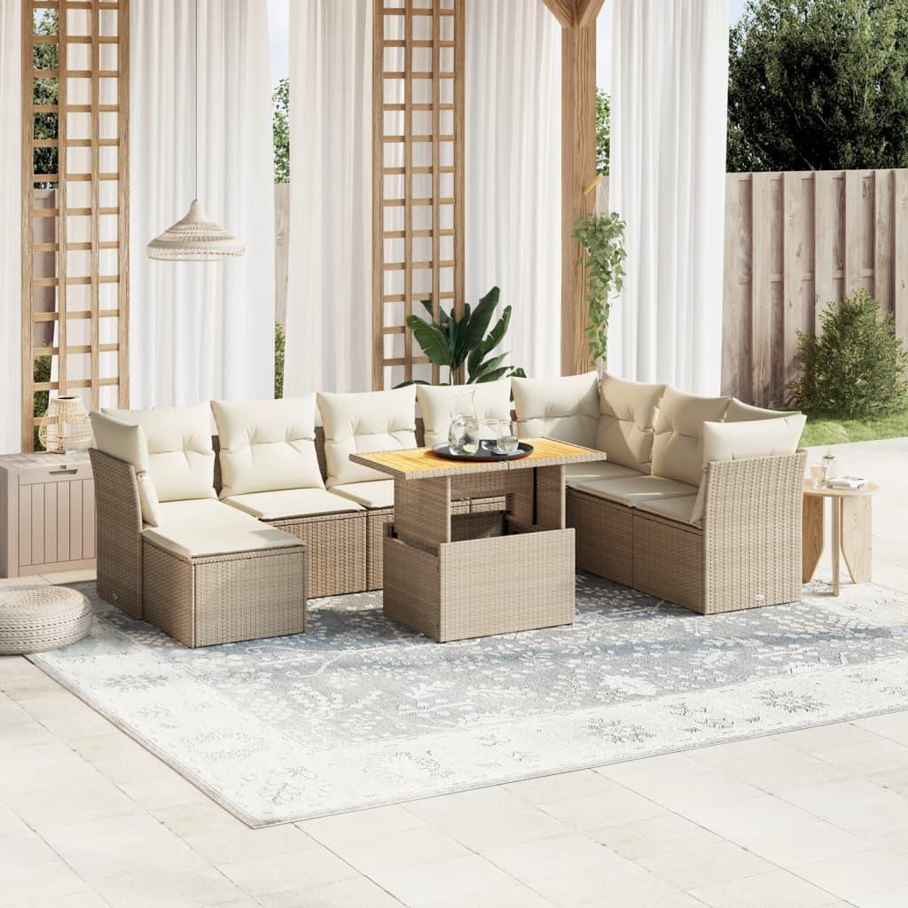 Sofasæt til haven i polyrattan - 9 dele med hynder, beige