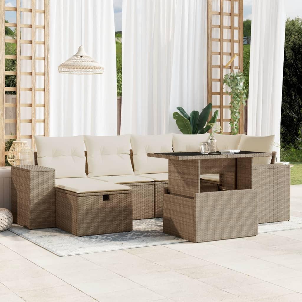 Sofasæt til haven 7 dele med hynder og opbevaring polyrattan beige
