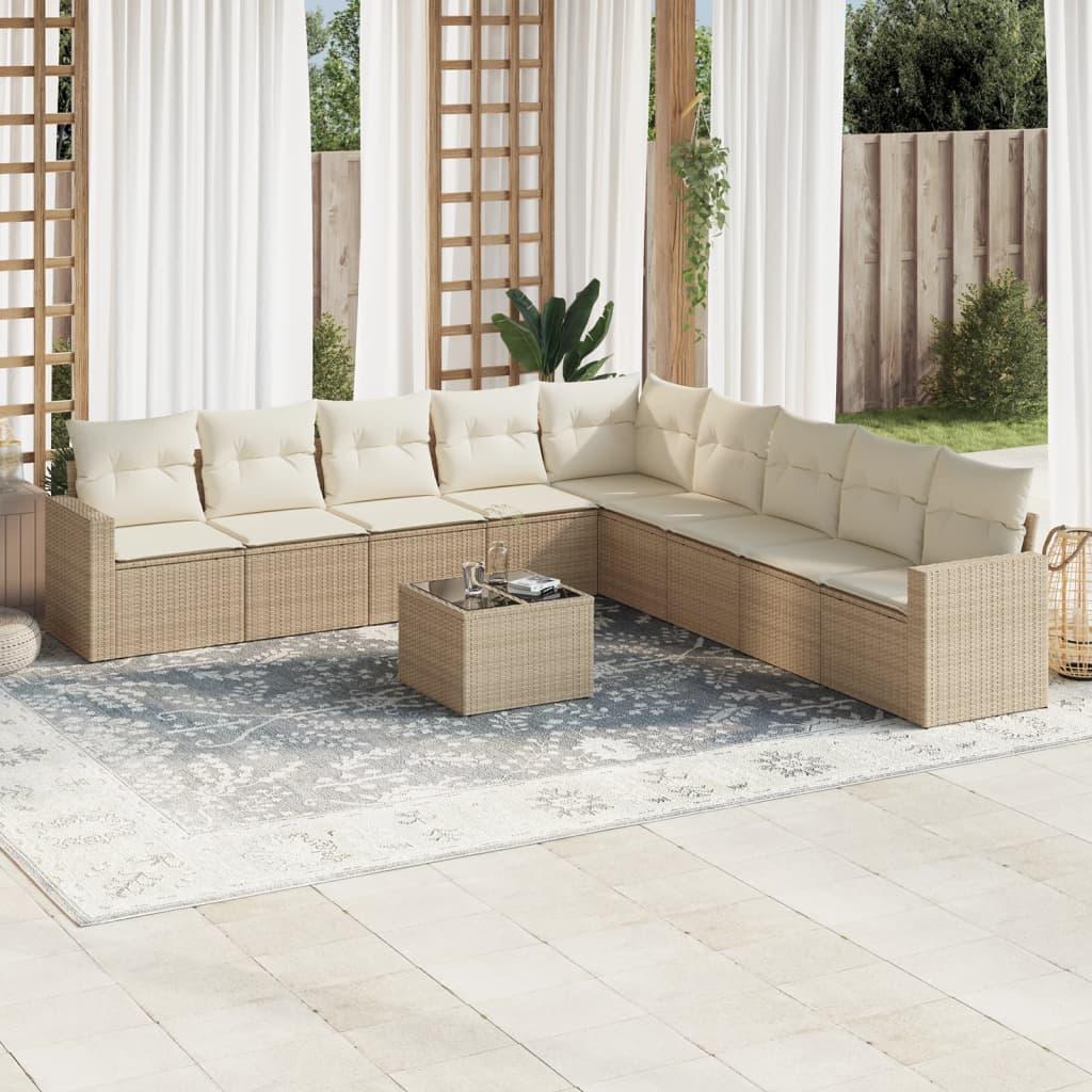 Sofasæt til haven 10 dele med hynder i polyrattan beige