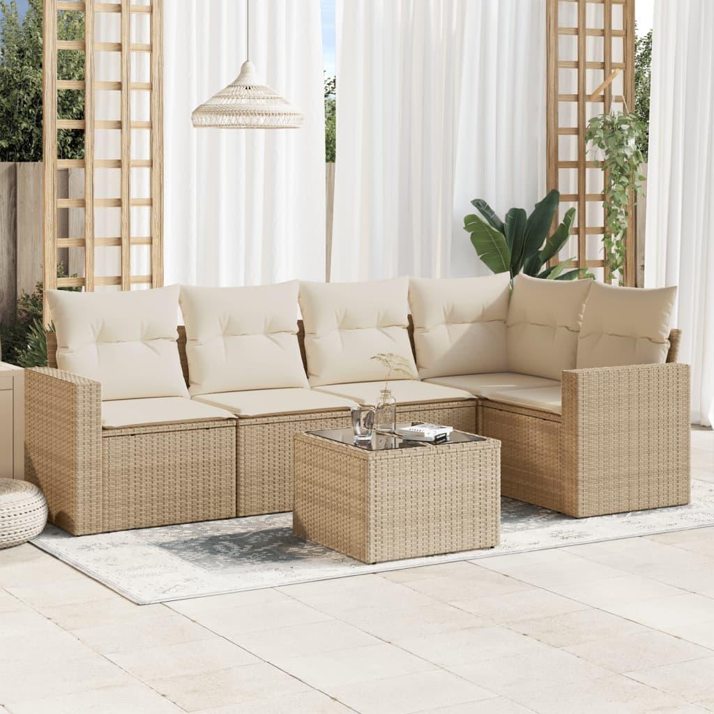 Sofasæt Til Haven 5 Dele Med Hynder Polyrattan Sort - beige og cremefarvet / Med bord