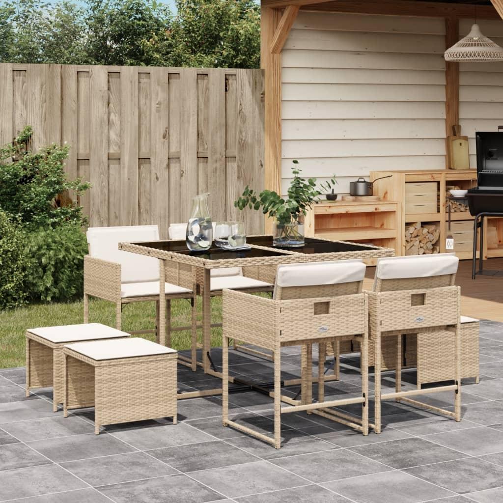 Spisebordssæt Til Haven 9 Dele Med Hynder Polyrattan Beige - 8 / Beige / Glas