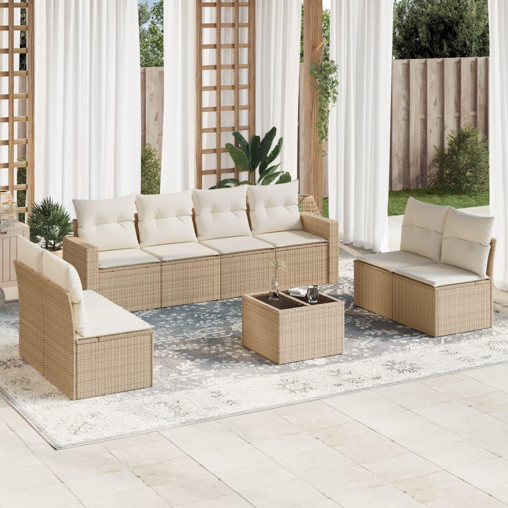 Sofasæt Til Haven 9 Dele Med Hynder Polyrattan - beige og cremefarvet / Med bord