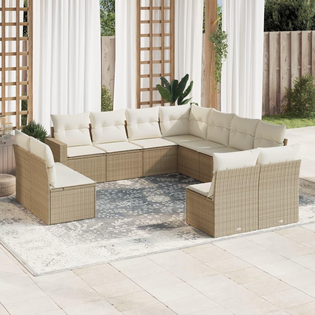 Sofasæt til haven i polyrattan, 11 dele med hynder - beige