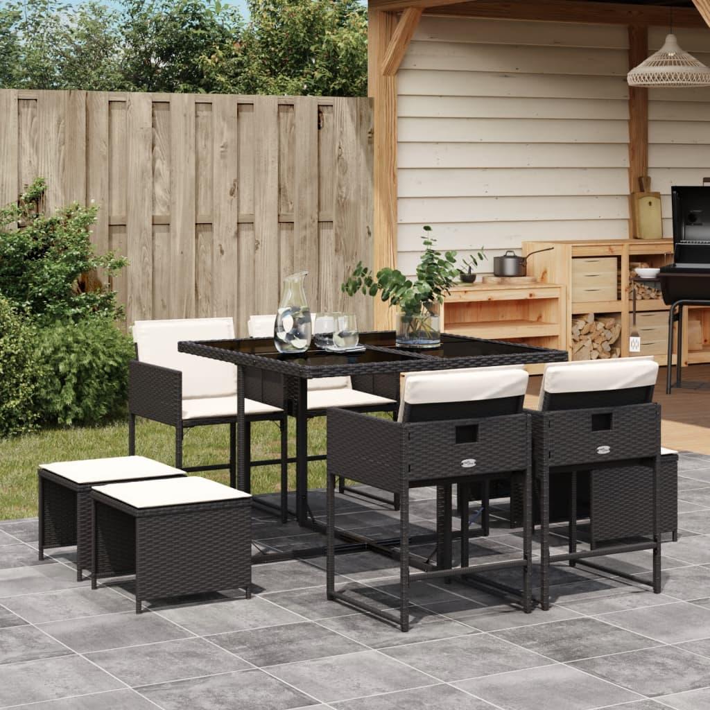 Spisebordssæt Til Haven 9 Dele Med Hynder Polyrattan Beige - 8 / Sort og cremefarvet / Glas