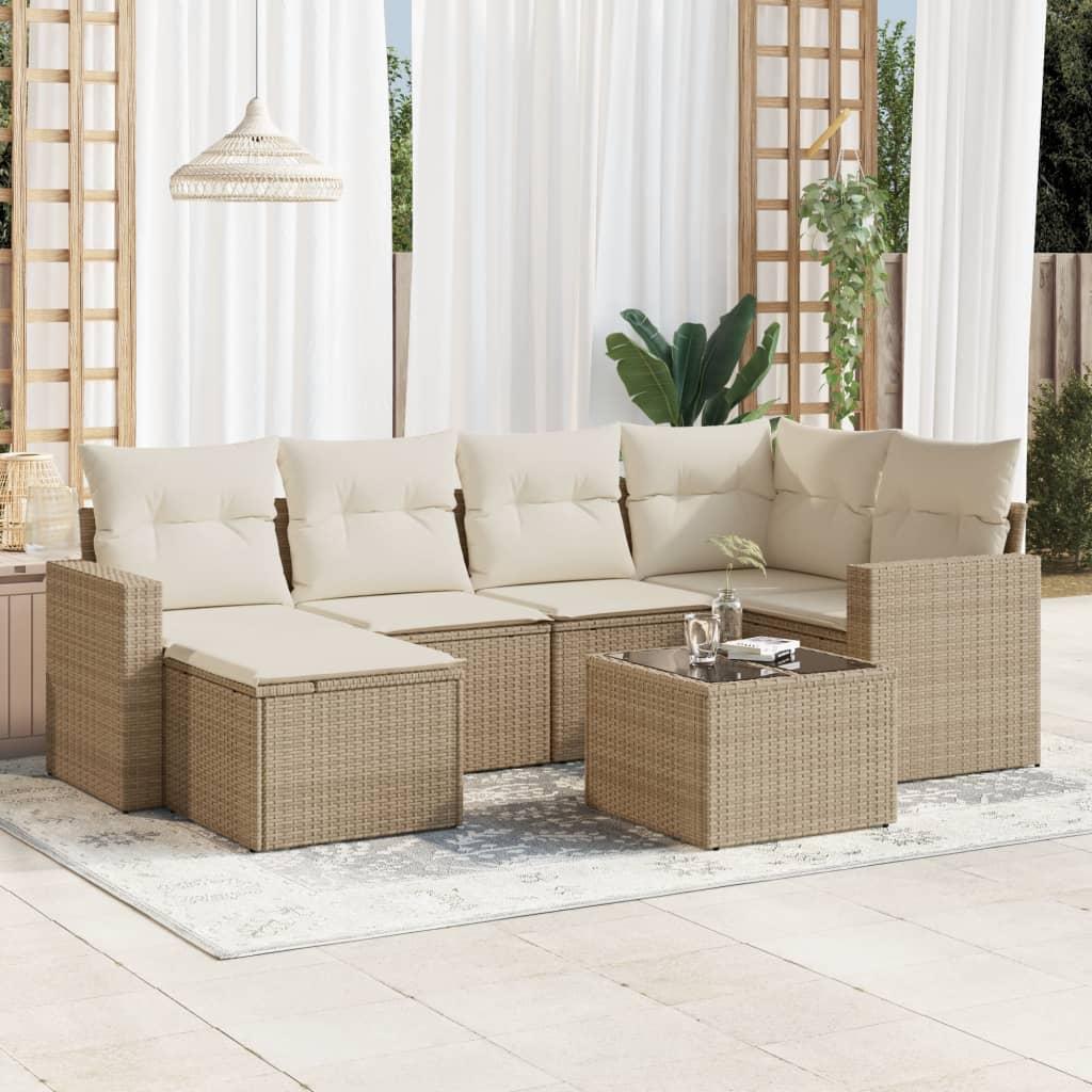 Sofasæt Til Haven 6 Dele Med Hynder Polyrattan Beige - beige og cremefarvet / Med bord