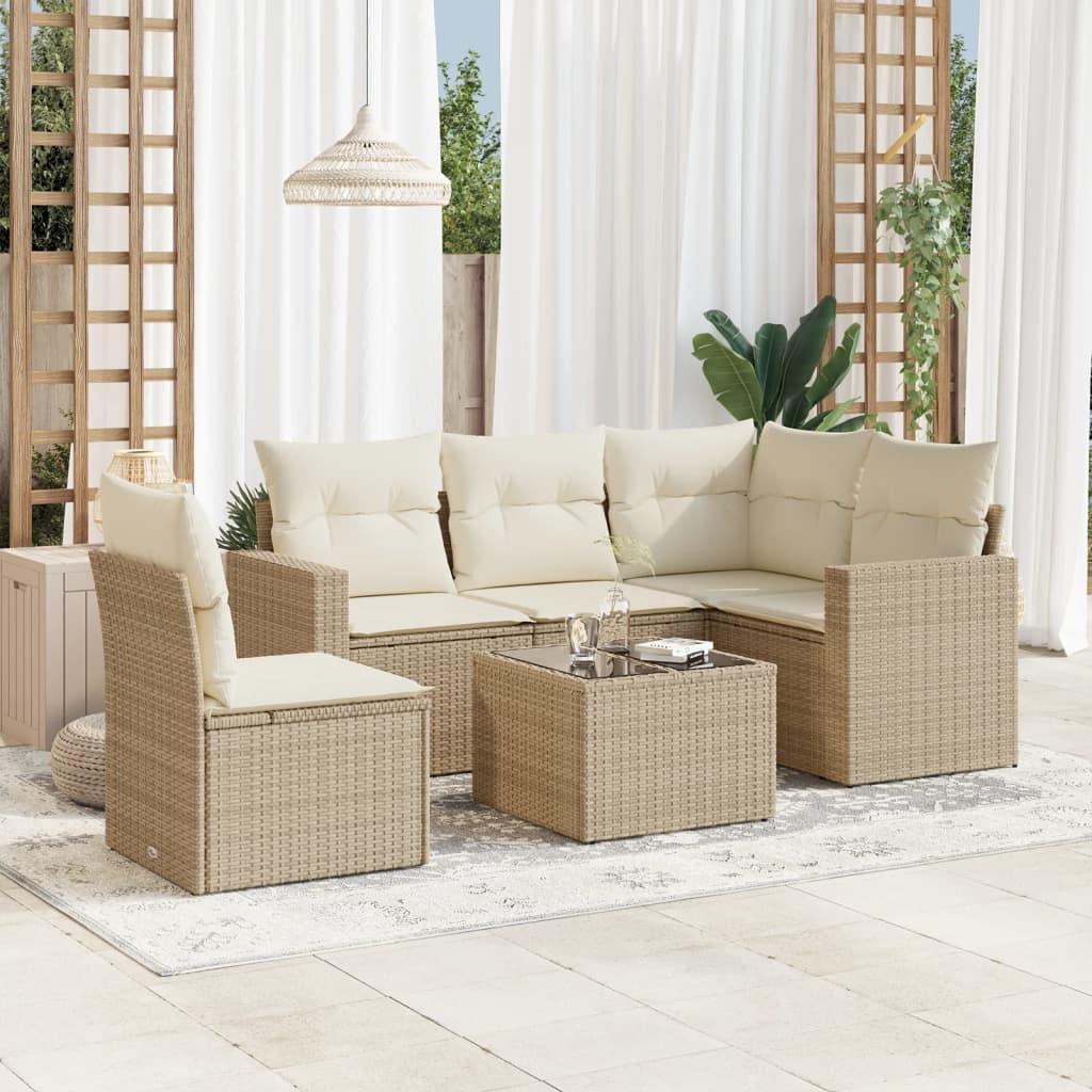 Sofasæt Til Haven 5 Dele Med Hynder Polyrattan Sort - beige og cremefarvet / Med bord