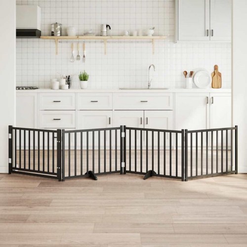 Hundelåge med dør - 4 paneler, 320 cm, foldbar i massivt gran, sort