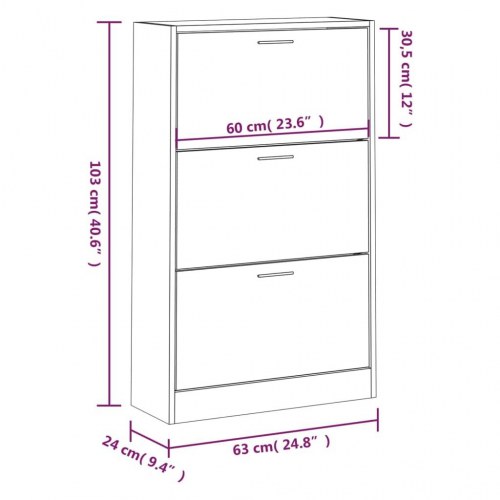 Skoskab med 3 vippeskuffer - 63×24×103 cm, brun egetræsfarve