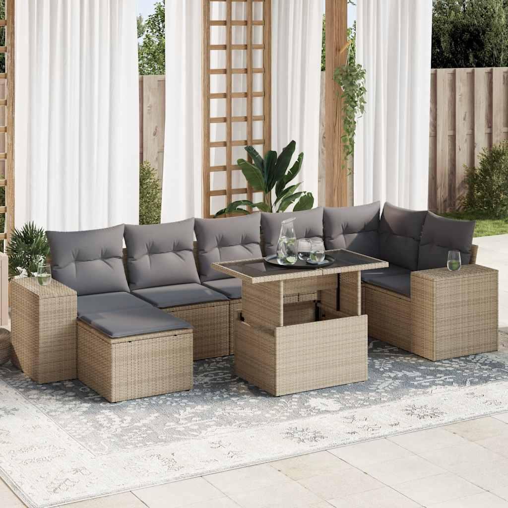 Havesofasæt i polyrattan - 8 dele med hynder, beige