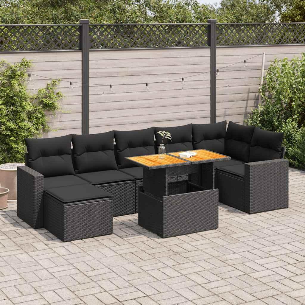 Sofasæt Til Haven 8 Dele Med Hynder Polyrattan - Sort / 3x hjørnedel 3x midterdel bord fodskammel