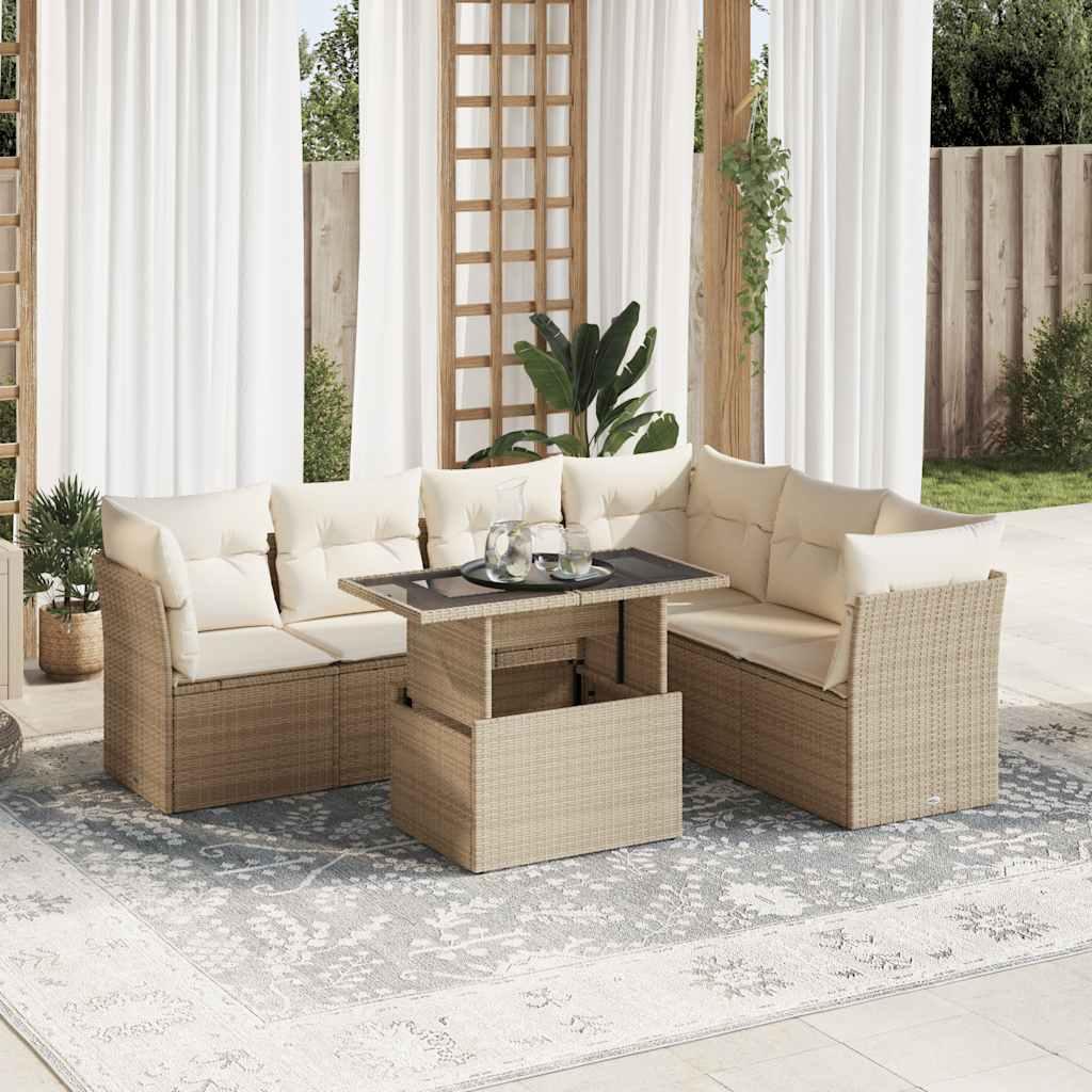Sofasæt til haven i polyrattan - 7 dele med hynder, beige