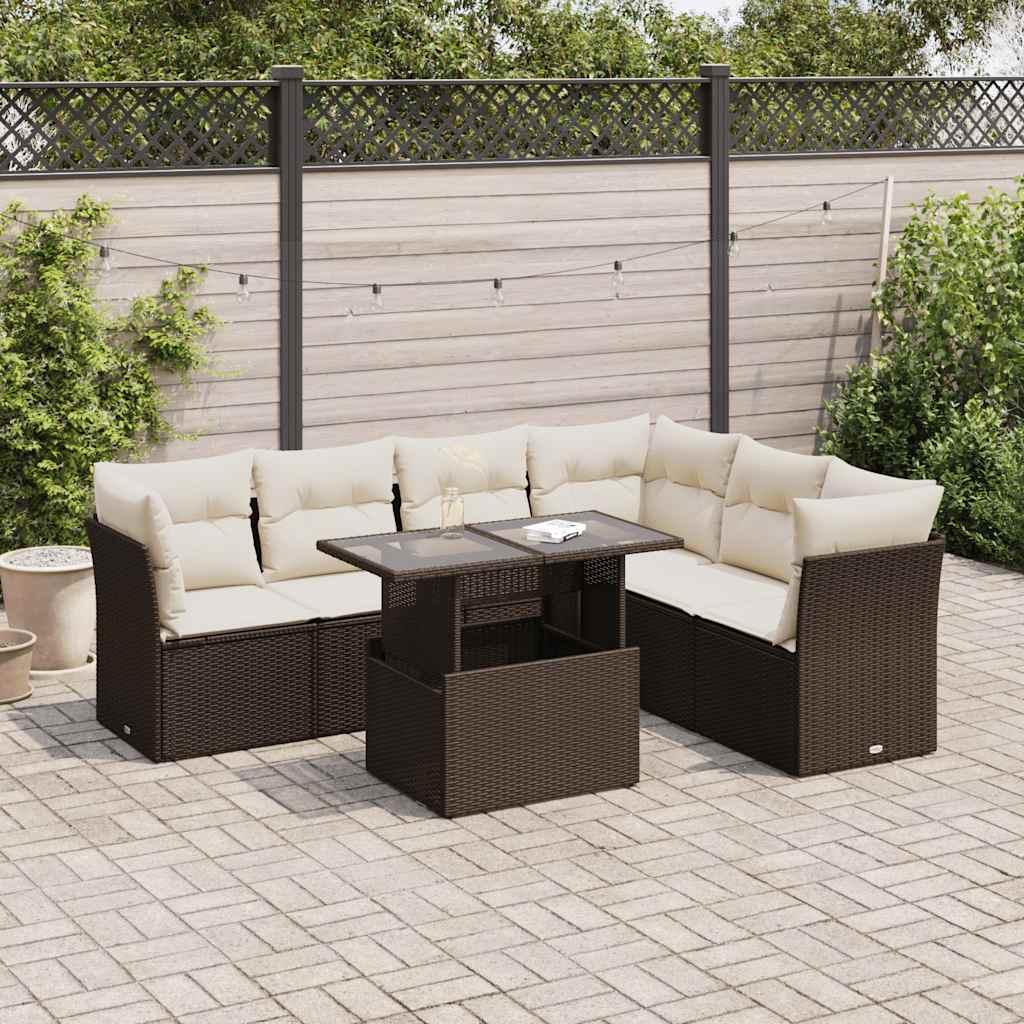 Sofasæt Til Haven 7 Dele Med Hynder Polyrattan - Brun og cremefarvet / med opbevaring