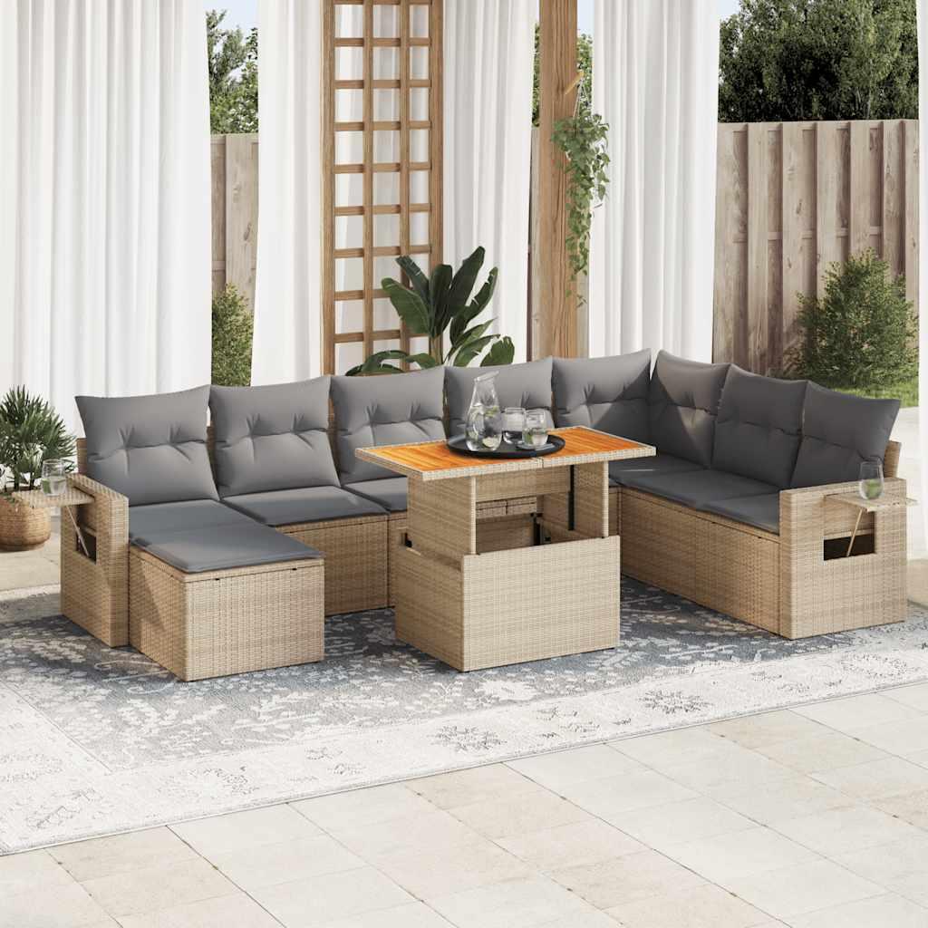 Sofasæt til haven i polyrattan, 9 dele med hynder - beige/lysegrå
