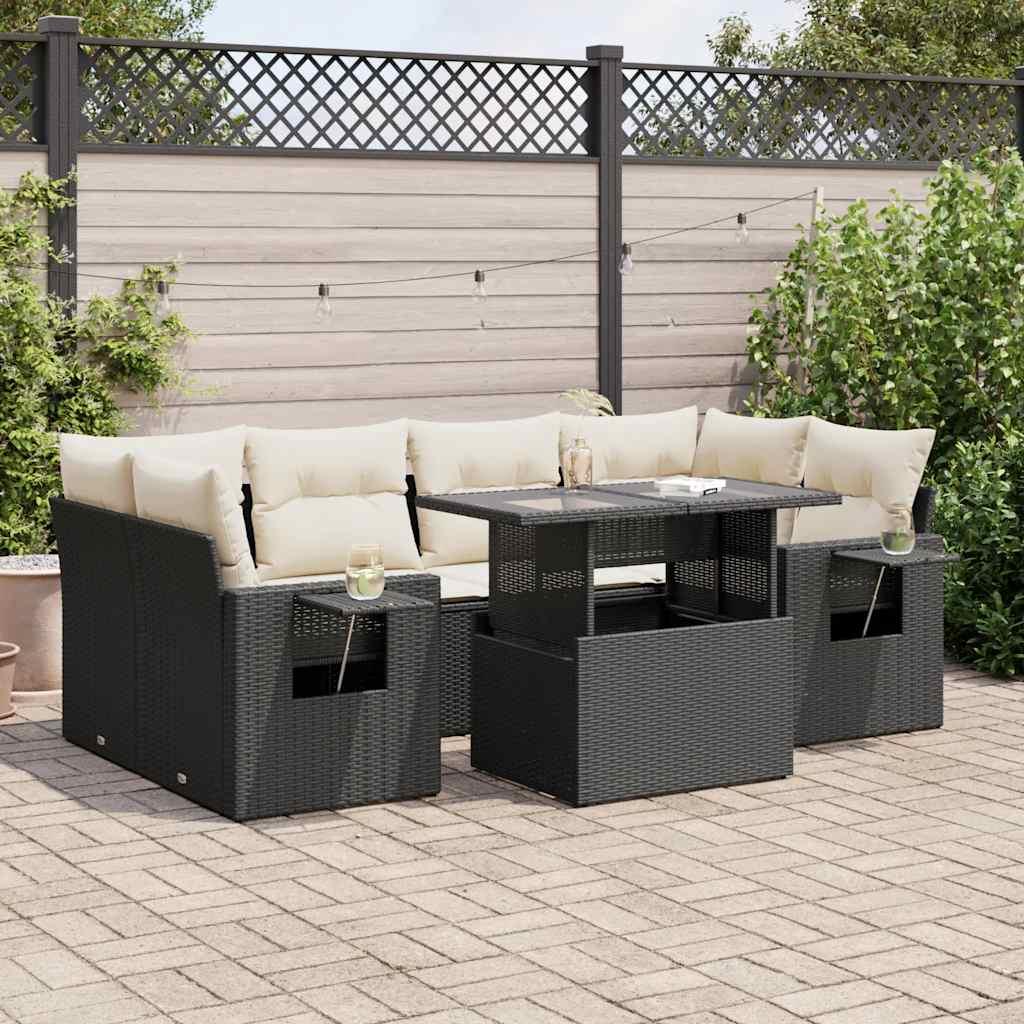 Sofasæt Til Haven 7 Dele Med Hynder Polyrattan - Sort og cremefarvet / med opbevaring